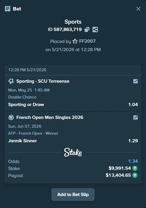Bet slip: French Open Men Singles 2026, $10,001.53 stake at 1.29 odds, placed by FF2007