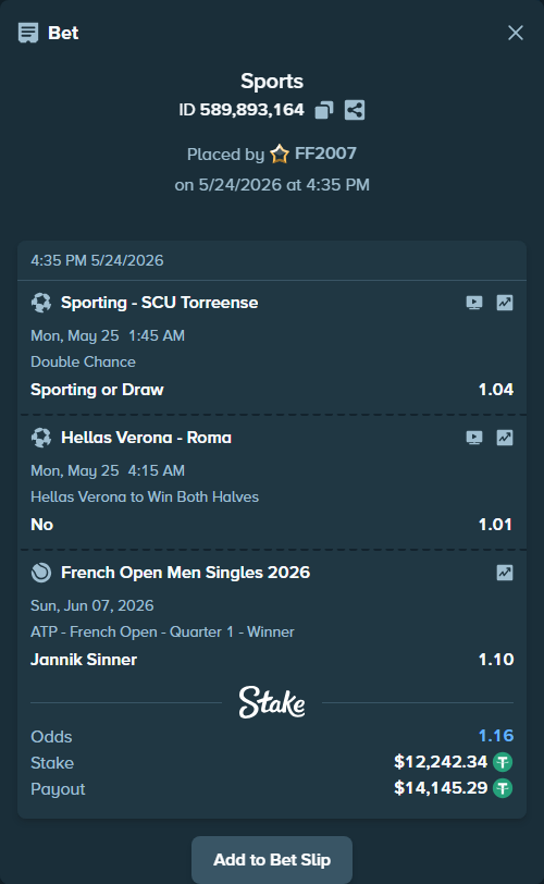 Bet slip: French Open Men Singles 2026, $12,254.58 stake at 1.10 odds, placed by FF2007