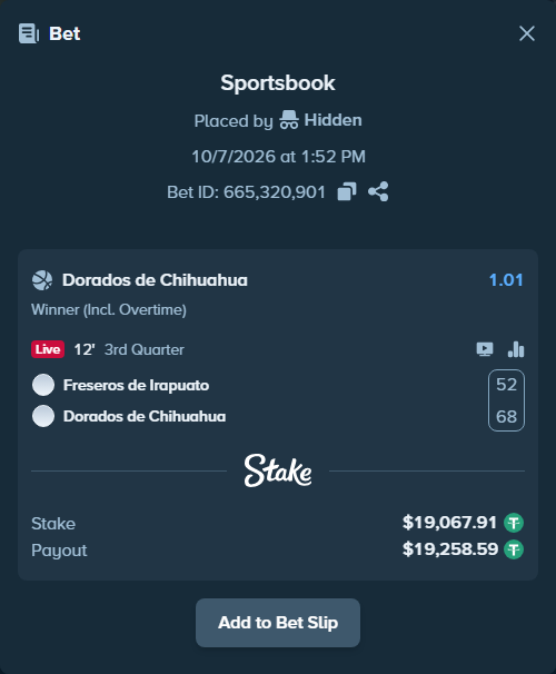 Bet slip: Freseros de Irapuato - Dorados de Chihuahua, $19,066.00 stake at 1.01 odds, placed by Hidden