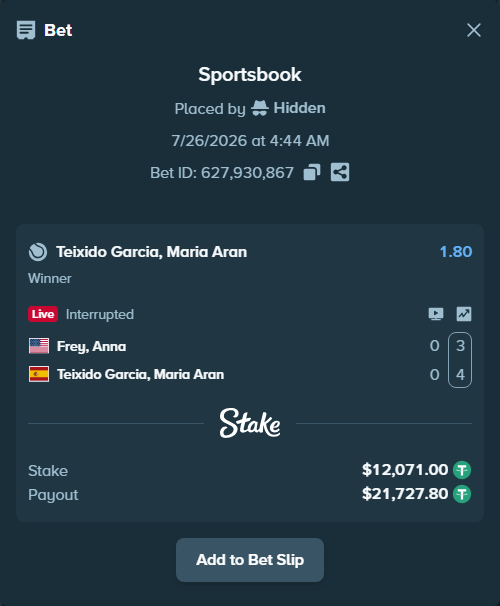 Bet slip: Frey, Anna - Teixido Garcia, Aran, $12,083.07 stake at 1.80 odds, placed by Hidden