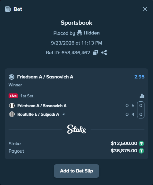 Bet slip: Friedsam A / Sasnovich A - Routliffe E / Sutjiadi A, $12,500.00 stake at 2.95 odds, placed by Hidden