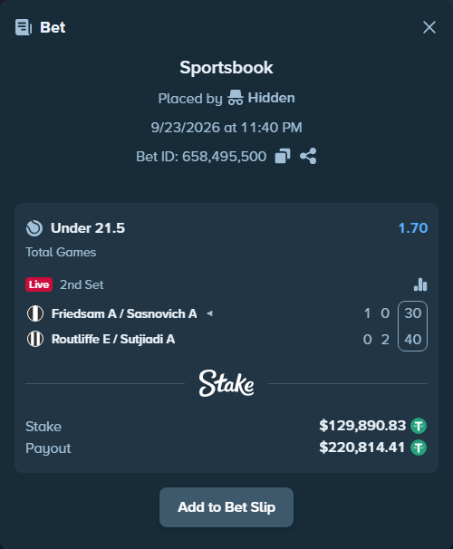 Bet slip: Friedsam A / Sasnovich A - Routliffe E / Sutjiadi A, $129,890.83 stake at 1.70 odds, placed by Hidden