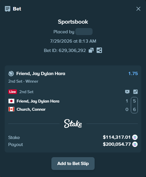 Bet slip: Friend, Jay - Church, Connor, $112,648.57 stake at 1.75 odds, placed by Prettylfacko98