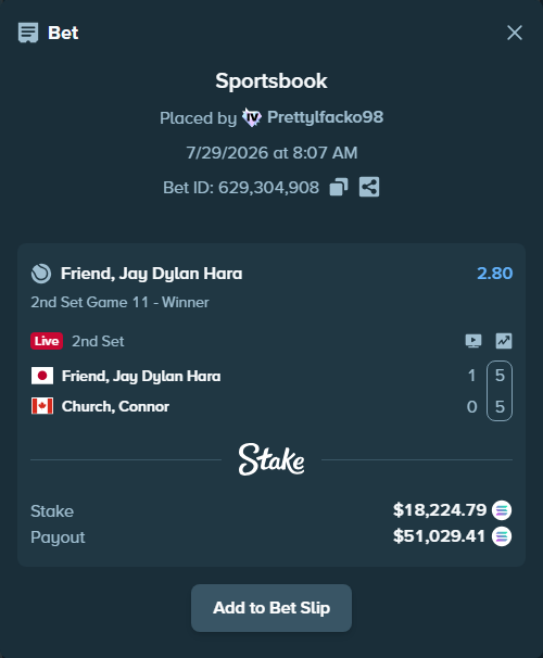 Bet slip: Friend, Jay - Church, Connor, $17,905.83 stake at 2.80 odds, placed by Prettylfacko98
