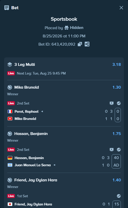 Bet slip: Friend, Jay - Geerts, Michael, $12,517.00 stake at 1.40 odds, placed by Hidden