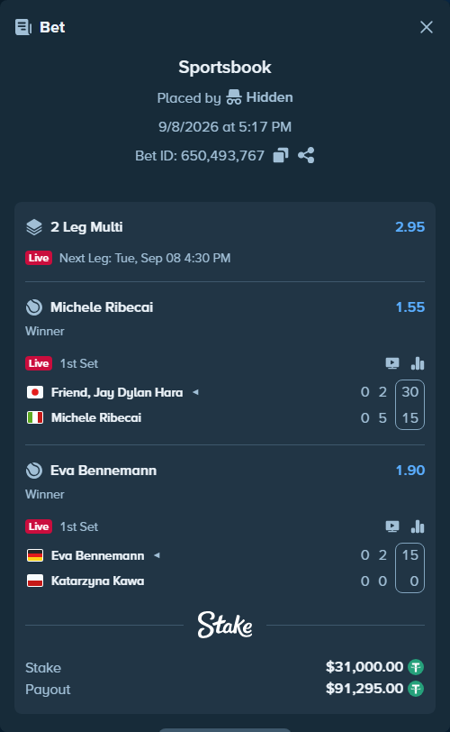 Bet slip: Friend, Jay - Michele Ribecai, $31,000.00 stake at 1.55 odds, placed by Hidden