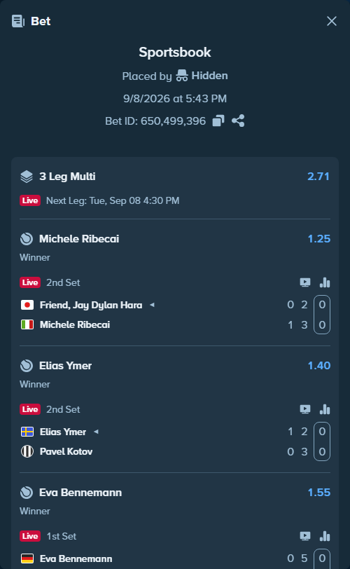 Bet slip: Friend, Jay - Michele Ribecai, $38,000.00 stake at 1.25 odds, placed by Hidden