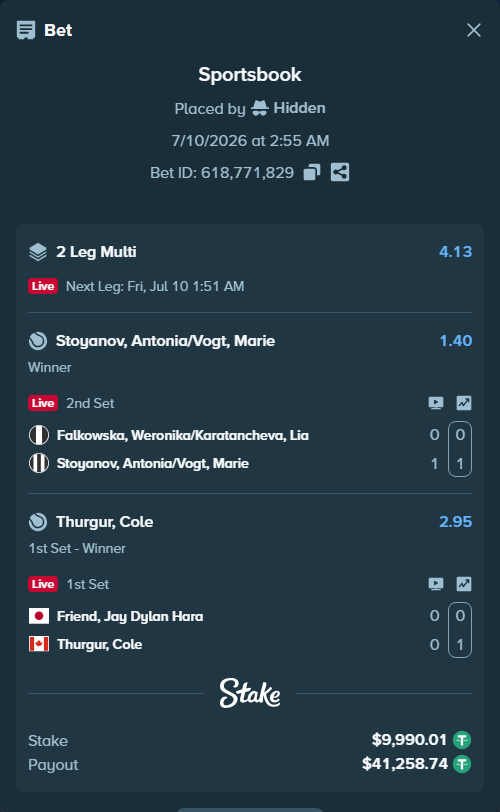 Bet slip: Friend, Jay - Thurgur, Cole, $10,000.00 stake at 2.95 odds, placed by Hidden