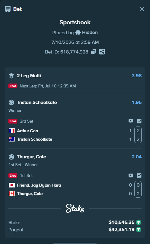 Bet slip: Friend, Jay - Thurgur, Cole, $10,657.00 stake at 2.04 odds, placed by Hidden