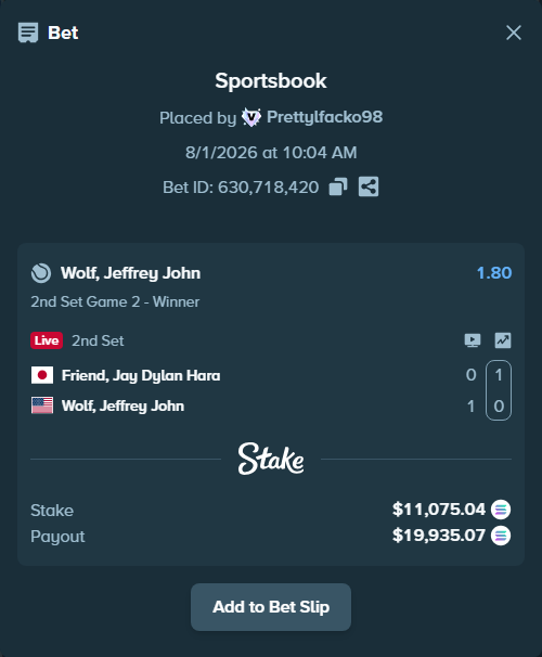 Bet slip: Friend, Jay - Wolf, Jeffrey John, $11,042.17 stake at 1.80 odds, placed by Prettylfacko98