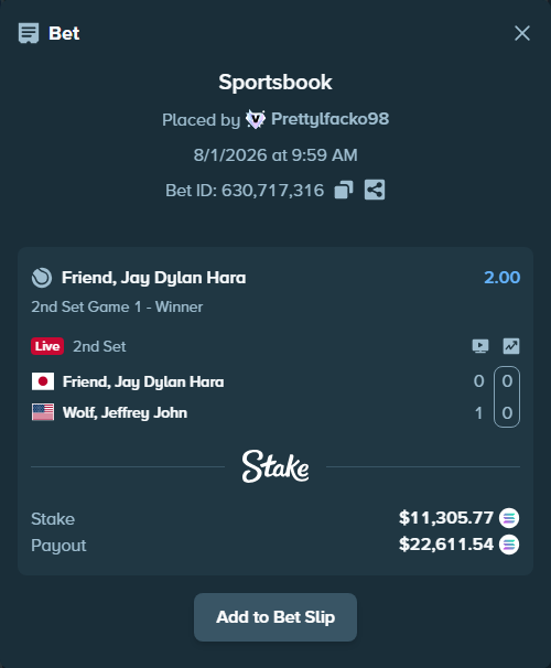Bet slip: Friend, Jay - Wolf, Jeffrey John, $11,272.22 stake at 2.00 odds, placed by Prettylfacko98