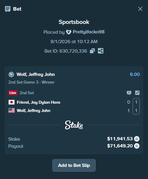 Bet slip: Friend, Jay - Wolf, Jeffrey John, $11,906.10 stake at 6.00 odds, placed by Prettylfacko98