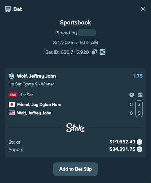 Bet slip: Friend, Jay - Wolf, Jeffrey John, $19,608.39 stake at 1.75 odds, placed by Prettylfacko98