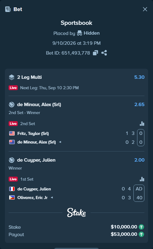 Bet slip: Fritz, Taylor (Srl) - de Minaur, Alex (Srl), $10,000.00 stake at 2.65 odds, placed by Hidden