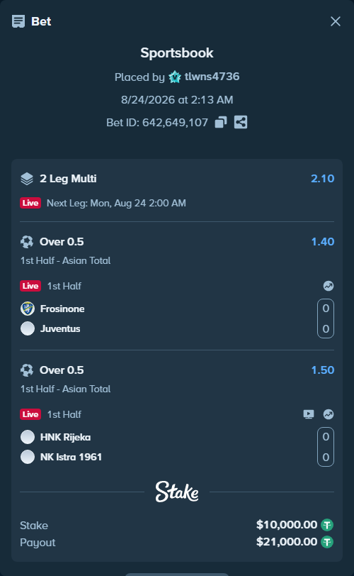 Bet slip: Frosinone - Juventus, $10,000.00 stake at 1.40 odds, placed by tlwns4736