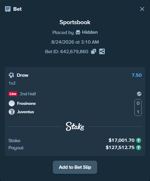 Bet slip: Frosinone - Juventus, $17,000.00 stake at 7.50 odds, placed by Hidden