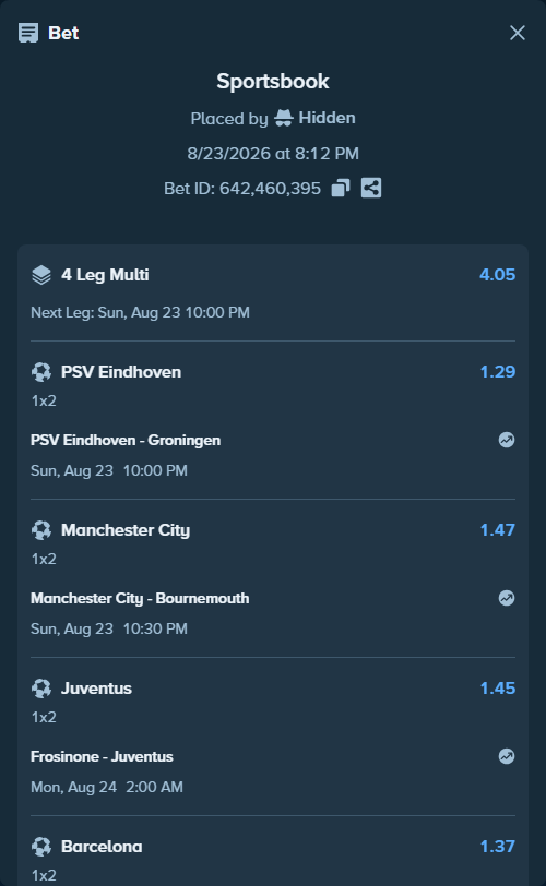 Bet slip: Frosinone - Juventus, $25,000.00 stake at 1.45 odds, placed by Hidden