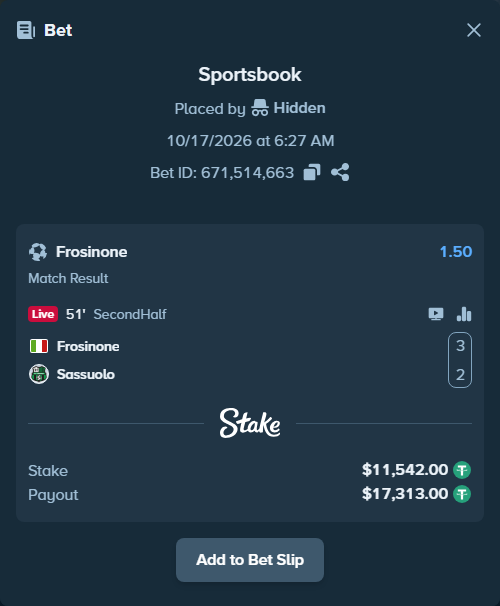 Bet slip: Frosinone - Sassuolo, $11,553.54 stake at 1.50 odds, placed by Martini111