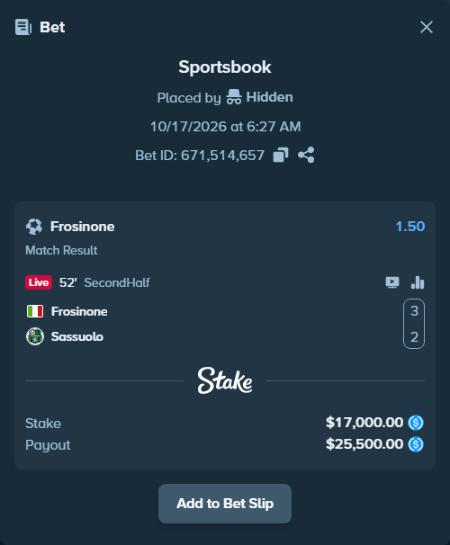 Bet slip: Frosinone - Sassuolo, $17,000.00 stake at 1.50 odds, placed by Storestorm