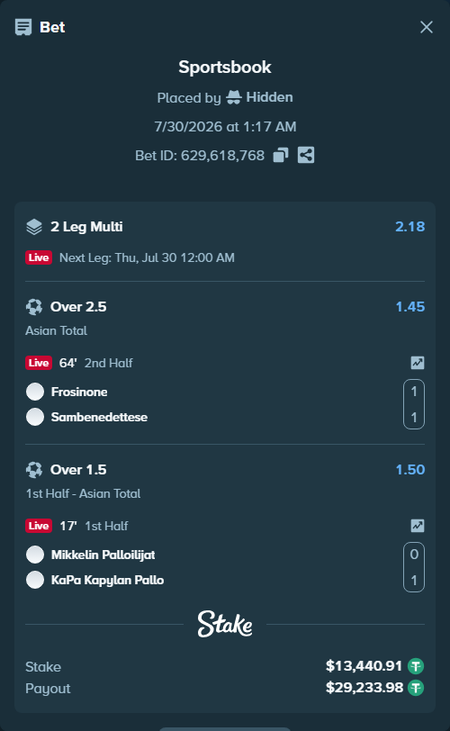 Bet slip: Frosinone - US Sambenedettese, $13,454.35 stake at 1.45 odds, placed by Hidden