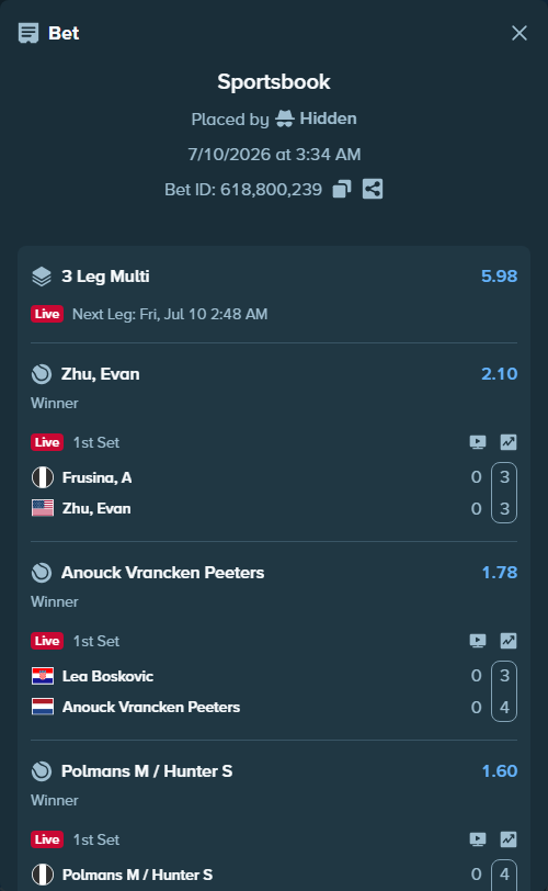 Bet slip: Frusina, A - Zhu, Evan, $10,000.00 stake at 2.10 odds, placed by Hidden