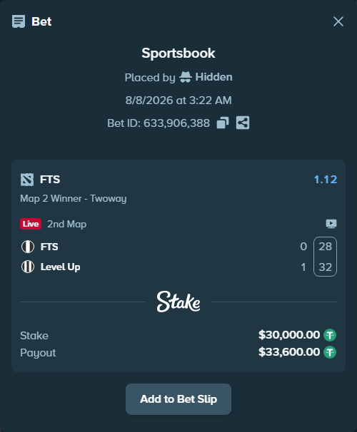 Bet slip: FTS - Level Up, $30,030.00 stake at 1.12 odds, placed by Hidden