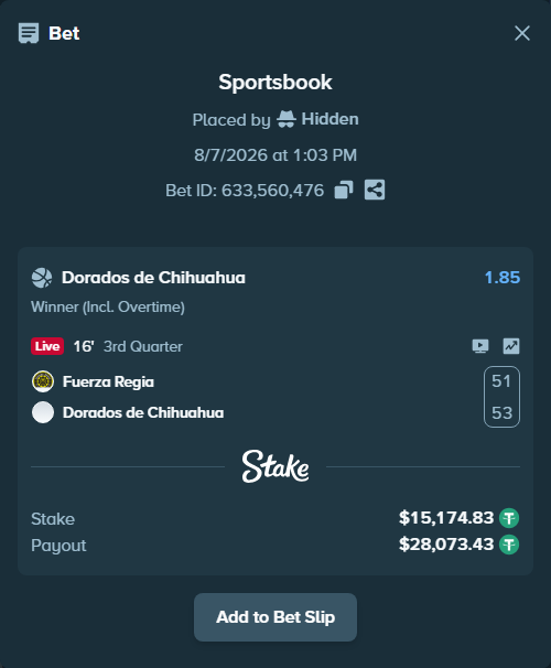 Bet slip: Fuerza Regia - Dorados de Chihuahua, $15,190.00 stake at 1.85 odds, placed by Hidden