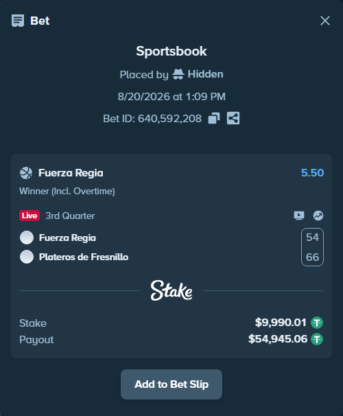 Bet slip: Fuerza Regia - Gambusinos De Fresnillo, $10,000.00 stake at 5.50 odds, placed by Hidden