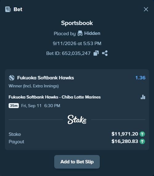 Bet slip: Fukuoka Hawks - Chiba Lotte Marines, $11,970.00 stake at 1.36 odds, placed by Hidden