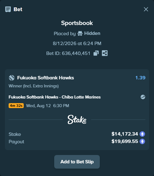 Bet slip: Fukuoka Hawks - Chiba Lotte Marines, $14,177.70 stake at 1.39 odds, placed by Hidden