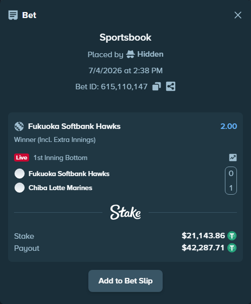Bet slip: Fukuoka Hawks - Chiba Lotte Marines, $21,165.00 stake at 2.00 odds, placed by Hidden