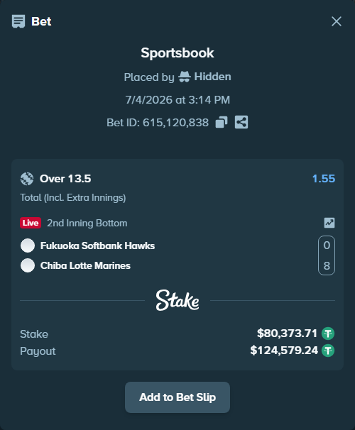 Bet slip: Fukuoka Hawks - Chiba Lotte Marines, $80,454.08 stake at 1.55 odds, placed by Hidden