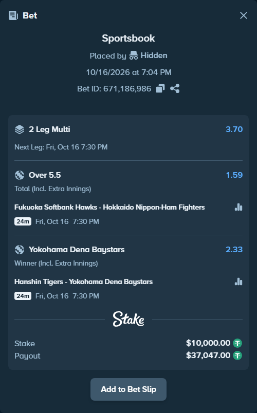 Bet slip: Fukuoka Hawks - Hokkaido Nippon-Ham Fighters, $10,010.00 stake at 1.59 odds, placed by Hidden