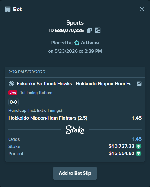 Bet slip: Fukuoka Hawks - Hokkaido Nippon-Ham Fighters, $10,738.05 stake at 1.45 odds, placed by ArtTema