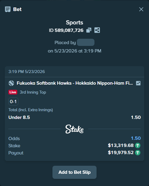Bet slip: Fukuoka Hawks - Hokkaido Nippon-Ham Fighters, $13,333.00 stake at 1.50 odds, placed by ArtTema