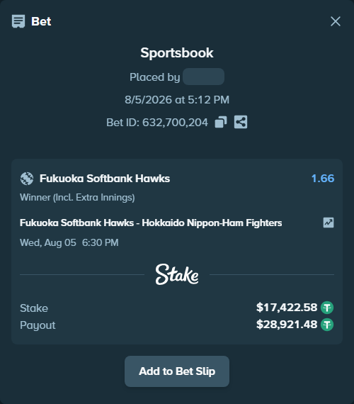 Bet slip: Fukuoka Hawks - Hokkaido Nippon-Ham Fighters, $17,440.00 stake at 1.66 odds, placed by ggochangi