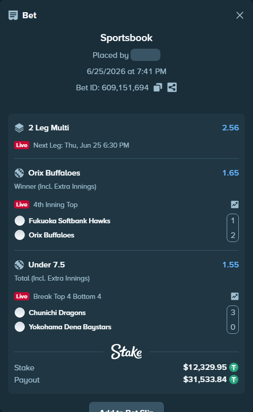 Bet slip: Fukuoka Hawks - Orix Buffaloes, $12,342.28 stake at 1.65 odds, placed by 토사장체크카드