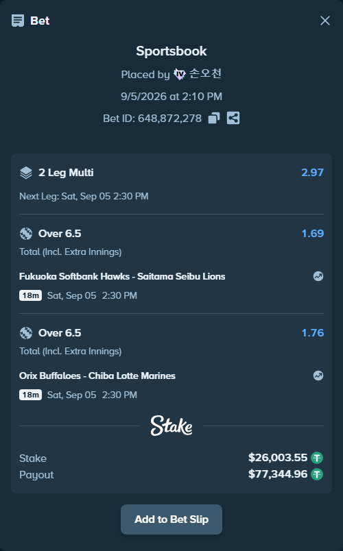 Bet slip: Fukuoka Hawks - Saitama Seibu Lions, $25,998.35 stake at 1.69 odds, placed by 손오천
