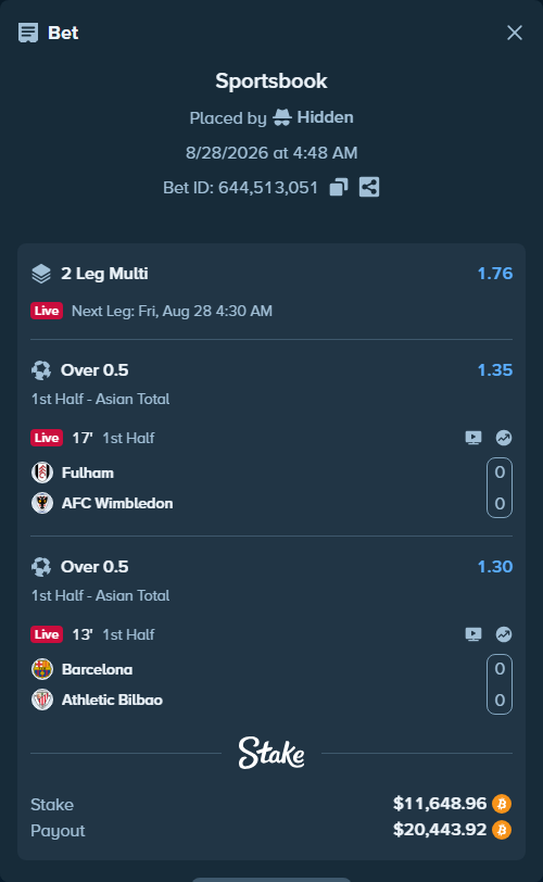 Bet slip: Fulham - AFC Wimbledon, $11,611.39 stake at 1.35 odds, placed by Hidden