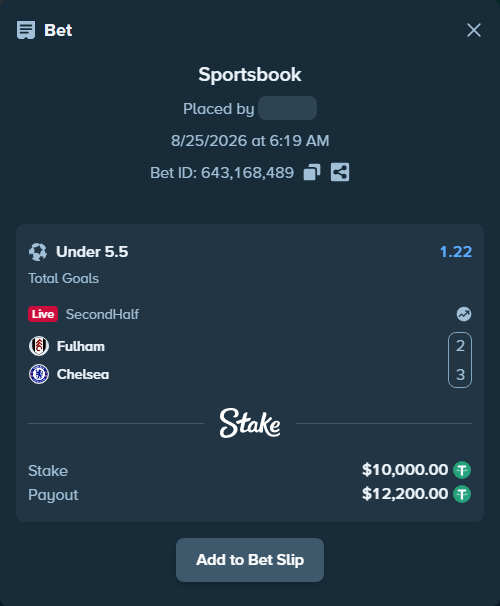 Bet slip: Fulham - Chelsea, $10,000.00 stake at 1.22 odds, placed by ChelseaPadel