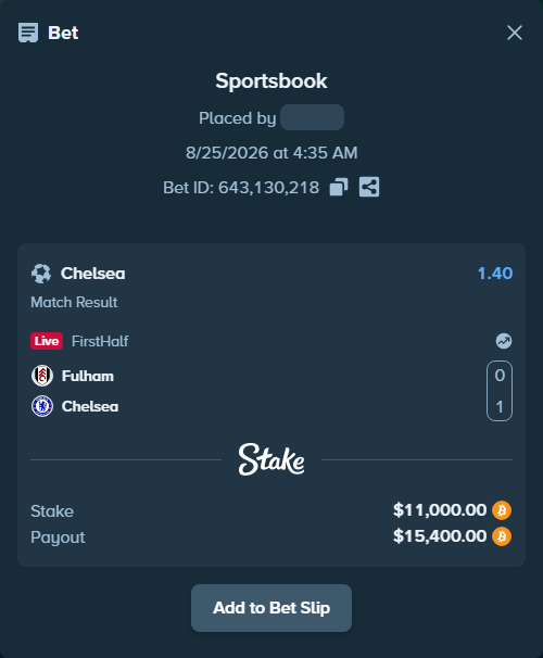 Bet slip: Fulham - Chelsea, $11,255.27 stake at 1.40 odds, placed by Tonyj69