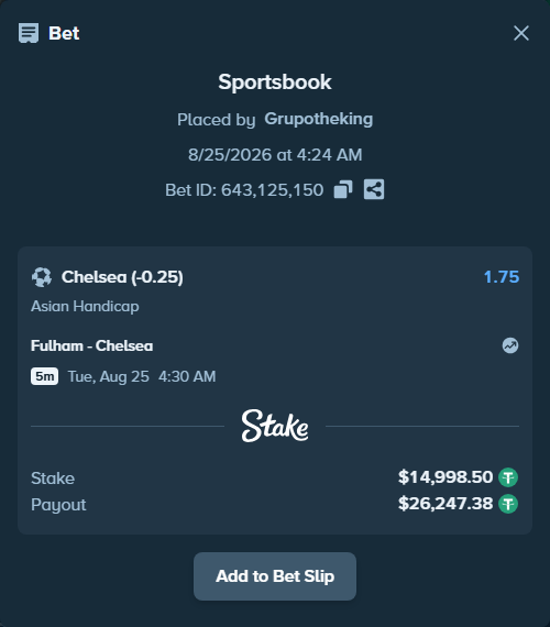 Bet slip: Fulham - Chelsea, $14,998.50 stake at 1.75 odds, placed by Grupotheking