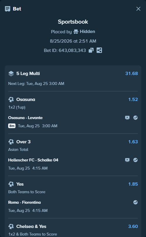 Bet slip: Fulham - Chelsea, $15,000.00 stake at 3.60 odds, placed by Hidden