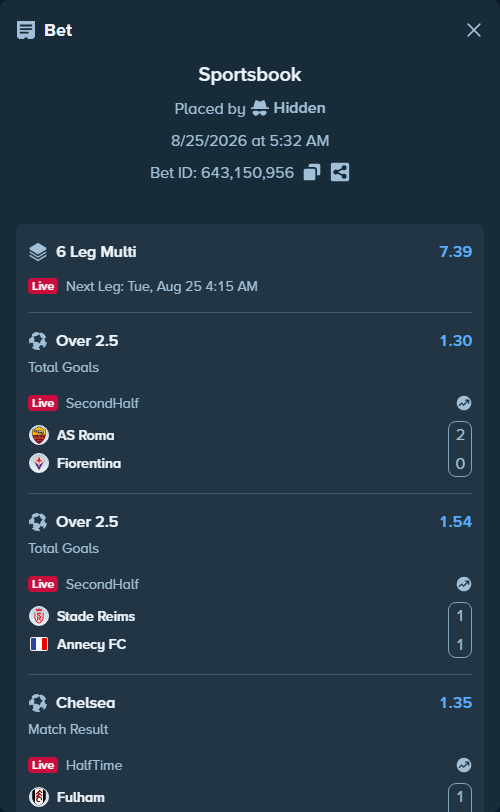 Bet slip: Fulham - Chelsea, $189,214.00 stake at 1.35 odds, placed by Hidden