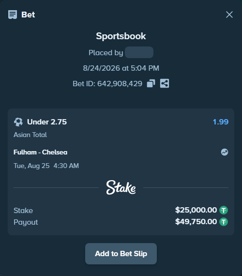 Bet slip: Fulham - Chelsea, $25,000.00 stake at 1.99 odds, placed by guoziqi9