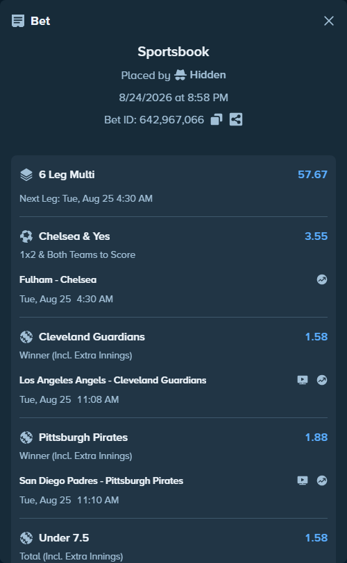 Bet slip: Fulham - Chelsea, $25,000.00 stake at 3.55 odds, placed by Hidden