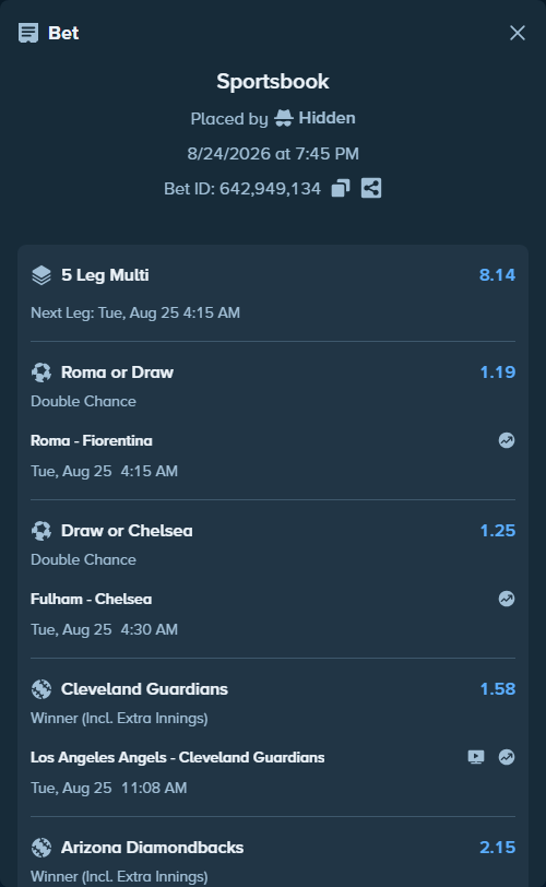 Bet slip: Fulham - Chelsea, $99,295.42 stake at 1.25 odds, placed by Hidden