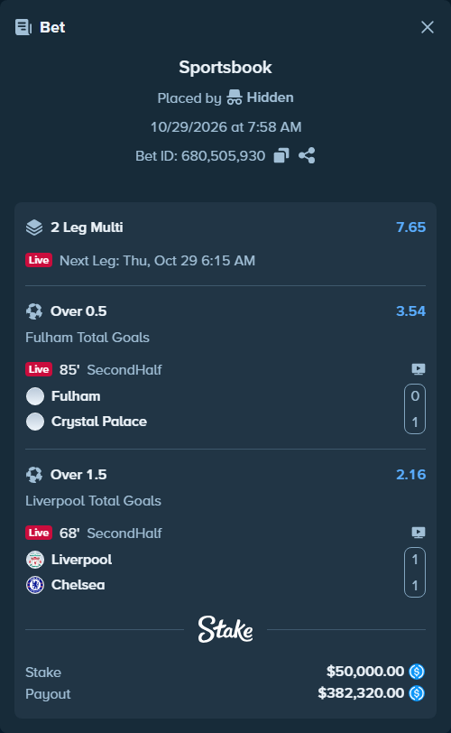 Bet slip: Fulham - Crystal Palace, $50,000.00 stake at 3.54 odds, placed by Hidden