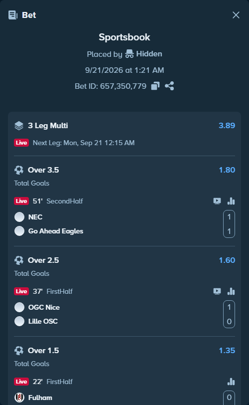 Bet slip: Fulham - Manchester United, $20,505.67 stake at 1.35 odds, placed by Hidden