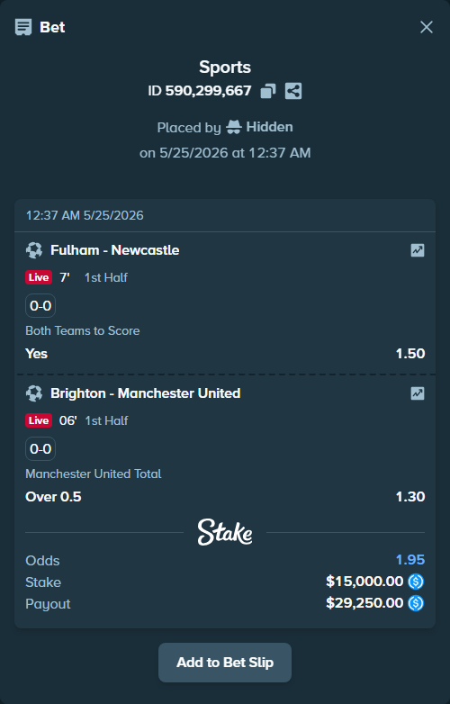 Bet slip: Fulham - Newcastle, $15,000.00 stake at 1.50 odds, placed by Hidden